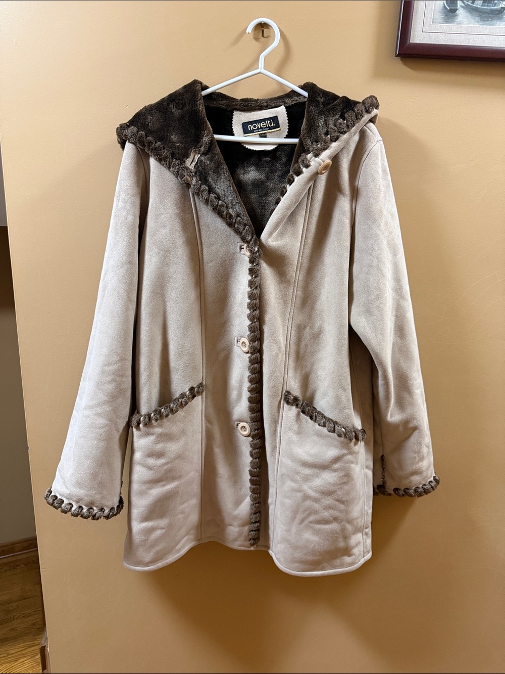 Novelti Women's Cream Teddy Jacket with Brown Faux-Fur Trim